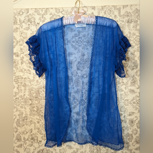 Stardust Vintage Royal Blue Sheer Lace & Tulle Nightgown cover up Short robe Lg - Picture 3 of 8